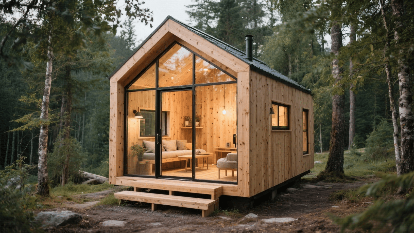 Compact Scandinavian wooden cabin with floor-to-ceiling glass front, glowing interior, and minimal furnishings, set among tall trees in a peaceful forest