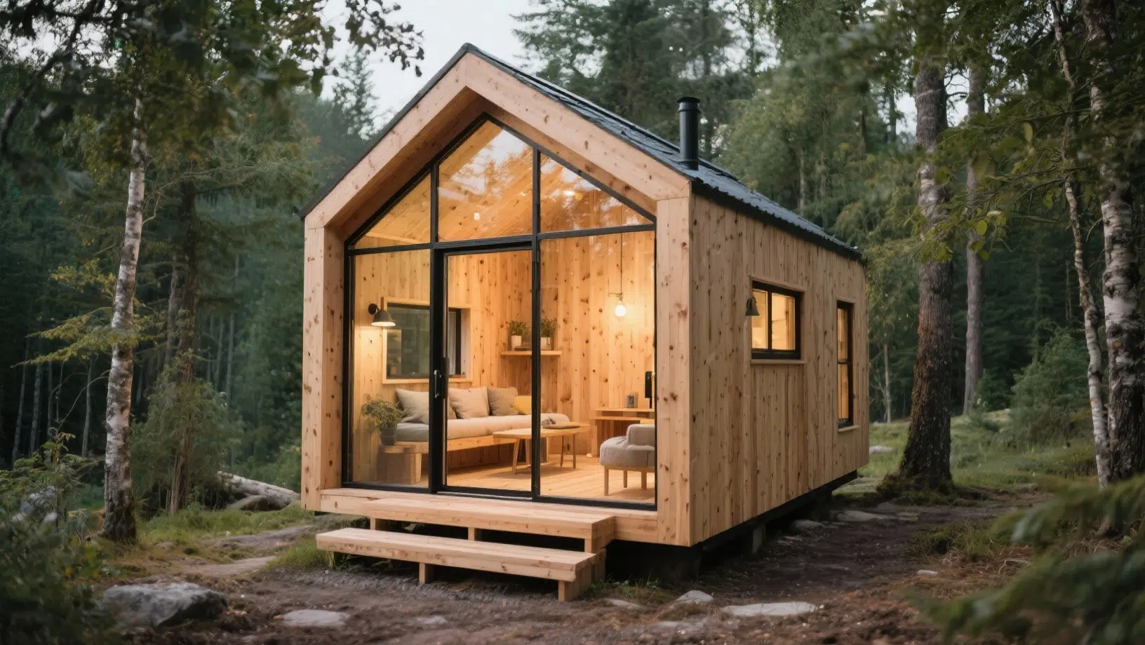 Compact Scandinavian wooden cabin with floor-to-ceiling glass front, glowing interior, and minimal furnishings, set among tall trees in a peaceful forest