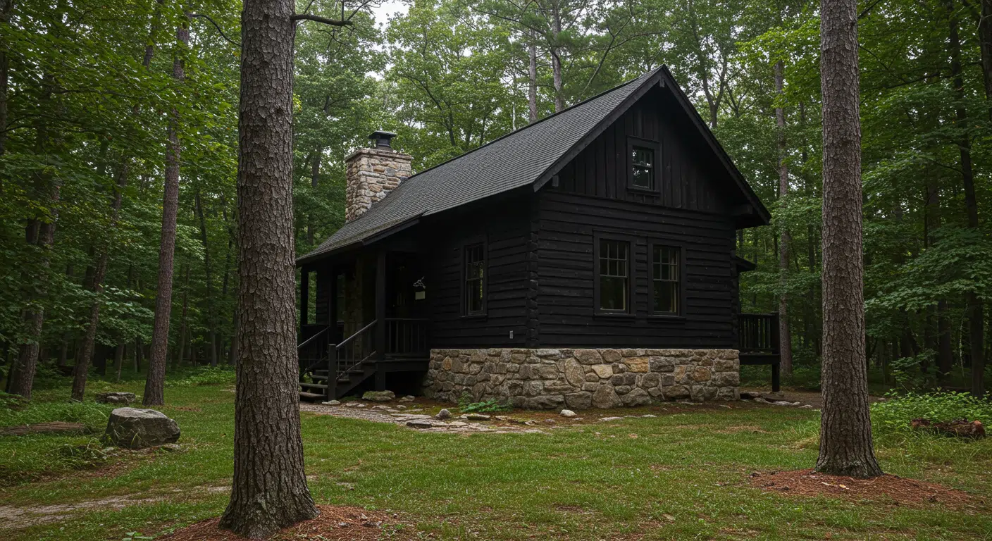 Dark wood cabin with a stone foundation and chimney, surrounded by tall trees in a quiet, green forest setting