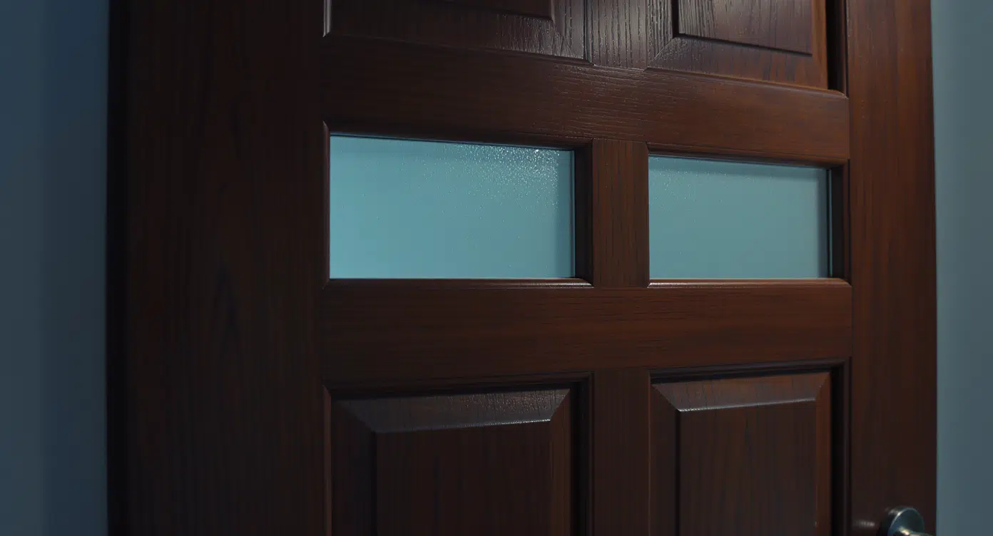 Dark wooden interior door with rectangular frosted glass panels, showing rich grain texture and a modern, sturdy design