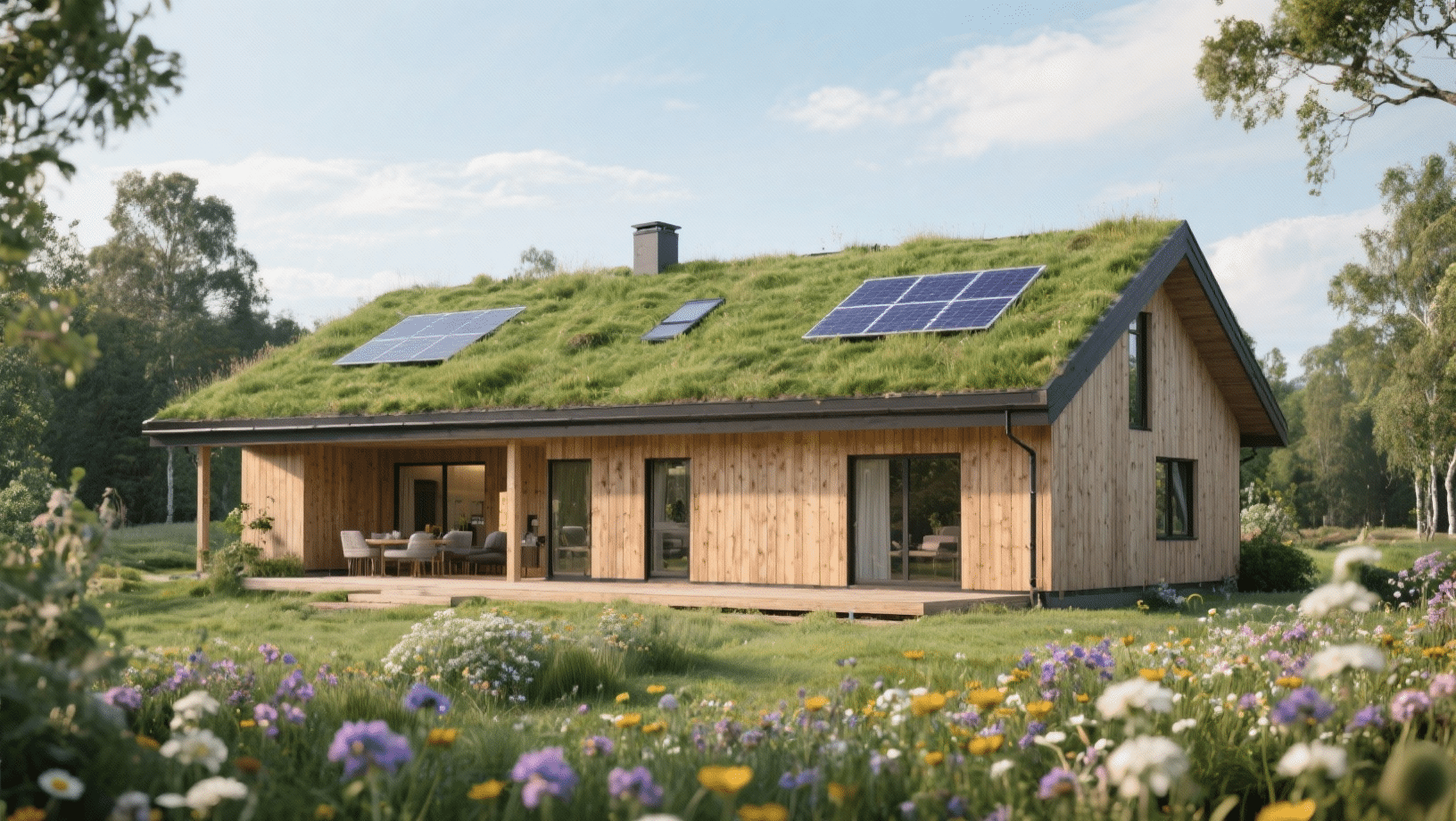 Eco-friendly Scandinavian house exterior with wood siding, green grass roof, solar panels, and large windows, set in a natural meadow with wildflowers