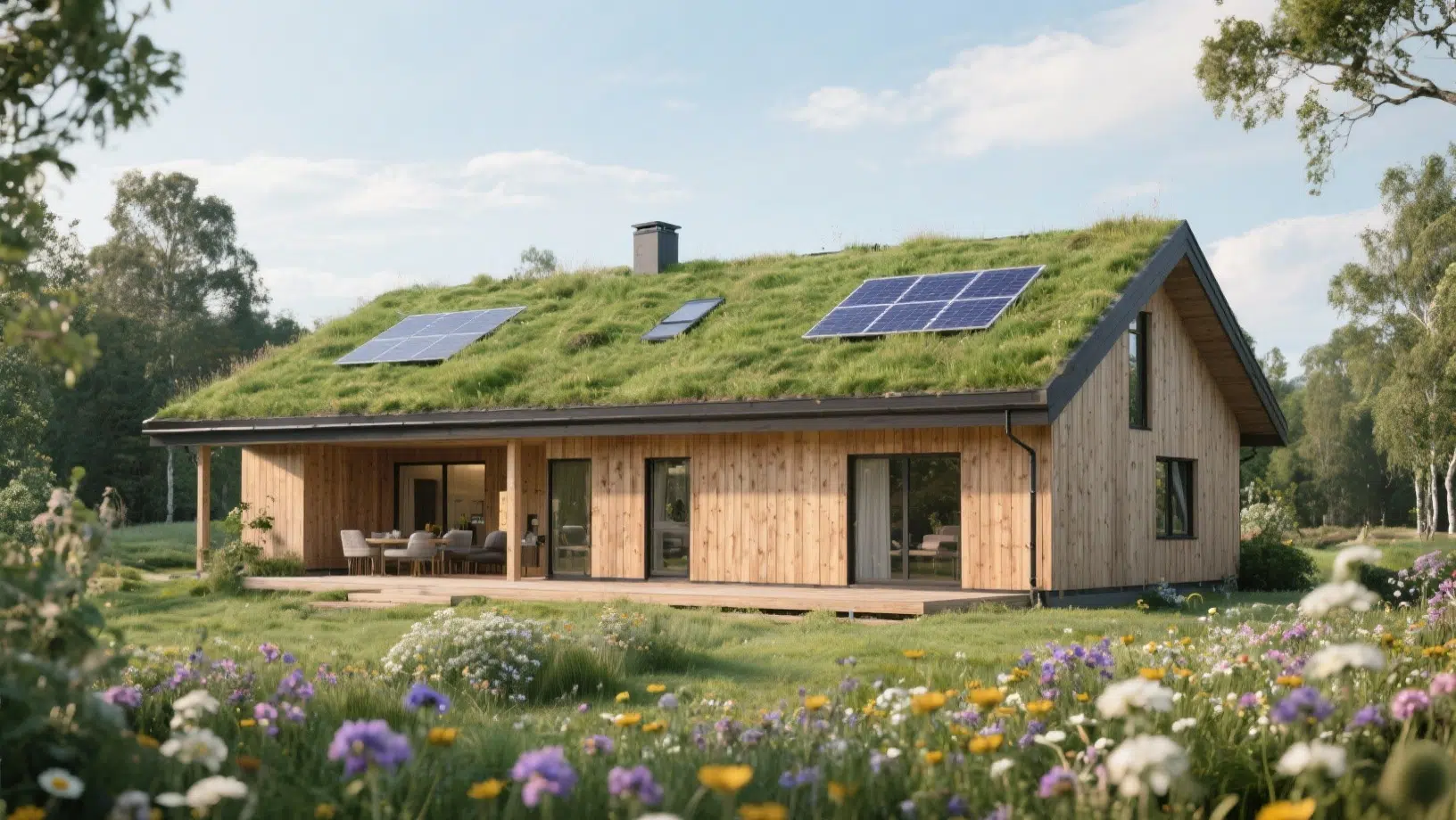 Eco-friendly Scandinavian house exterior with wood siding, green grass roof, solar panels, and large windows, set in a natural meadow with wildflowers