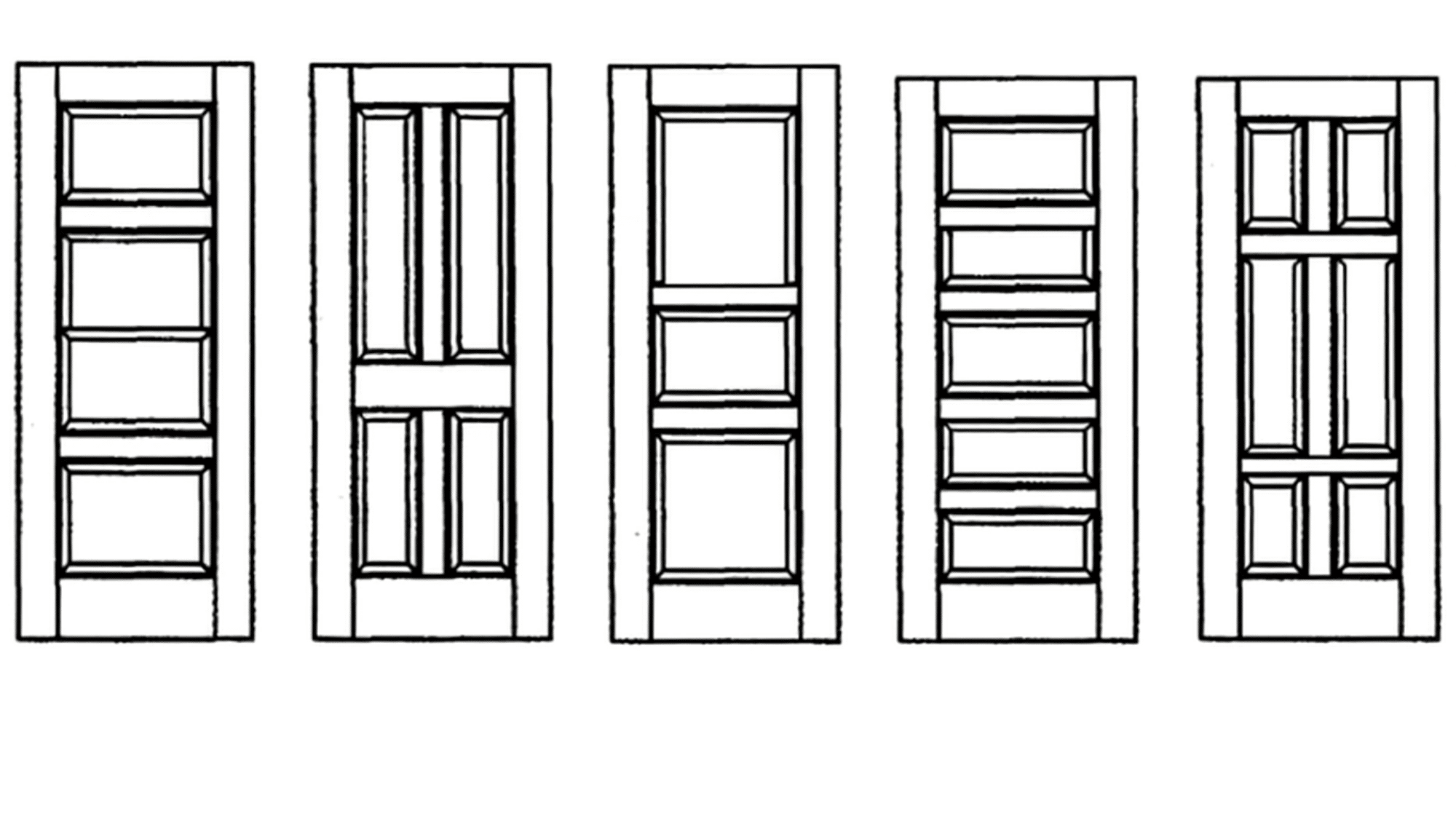 Five rectangular door panel designs showing different arrangements of raised panels, vertical and horizontal divisions, in a line drawing style