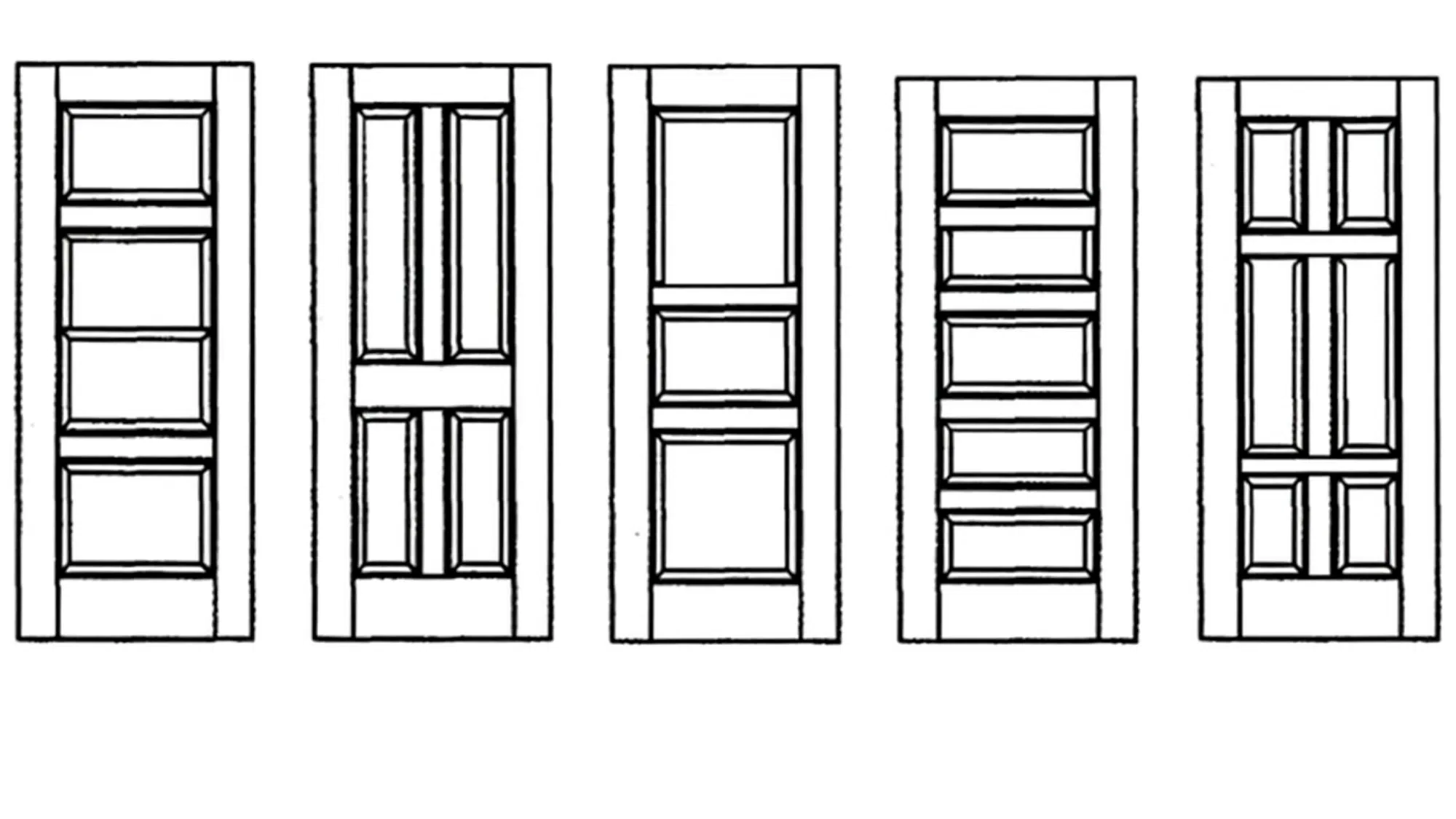 Five rectangular door panel designs showing different arrangements of raised panels, vertical and horizontal divisions, in a line drawing style