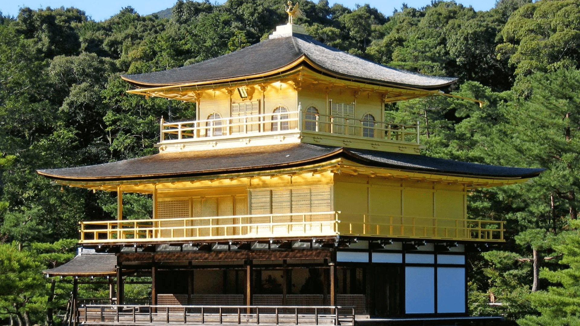 Gold Kinkaku-ji temple sits by green trees and water with a bronze phoenix on top of the roof within the frame