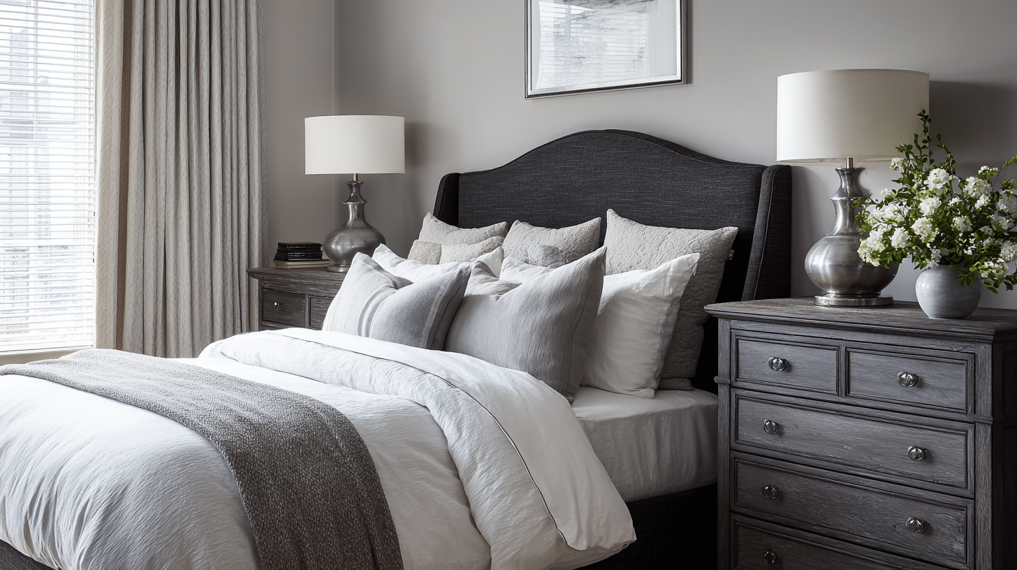 Gray monochromatic bedroom with layered bedding, upholstered headboard, wooden nightstands, and soft lighting