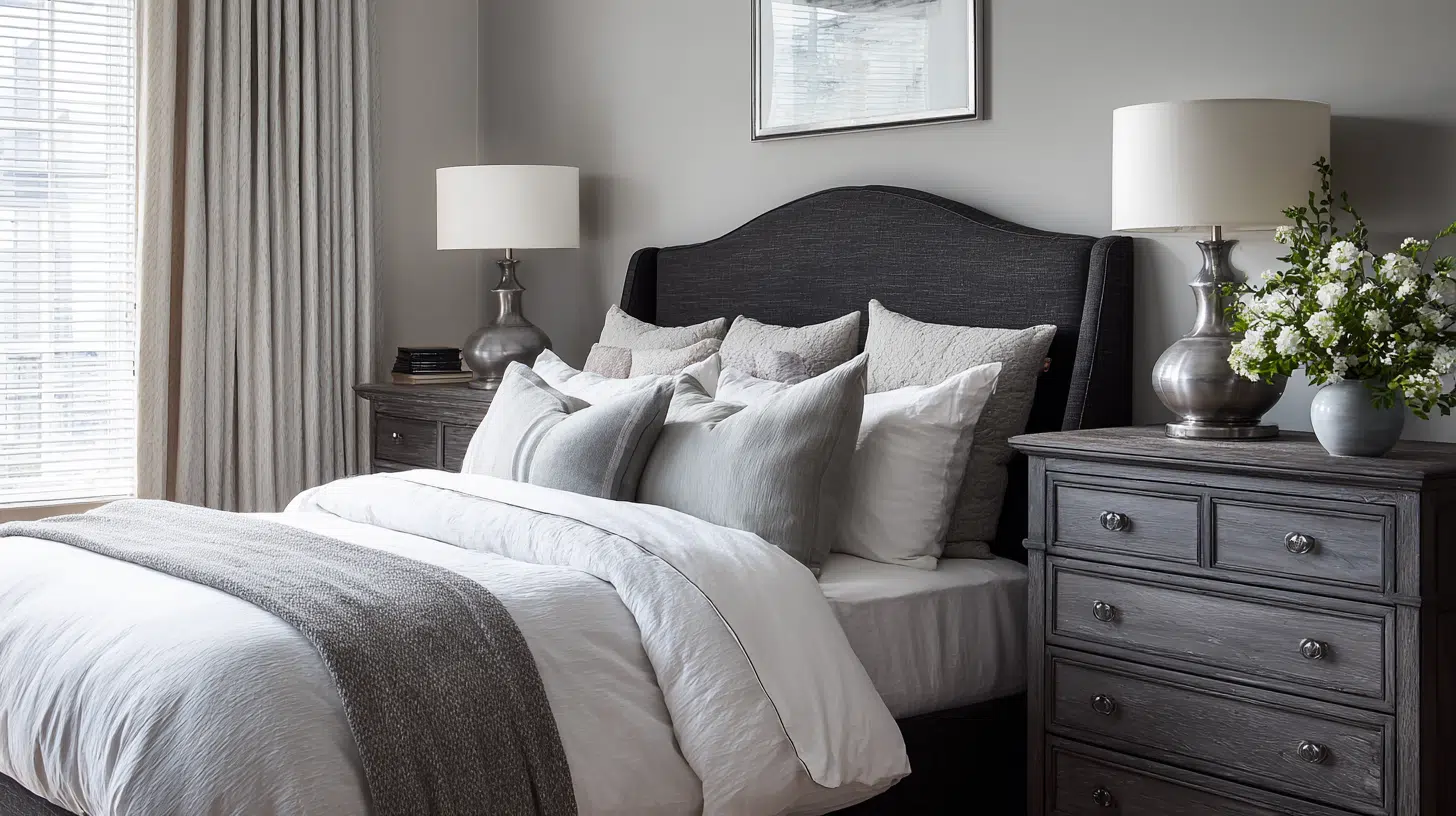 Gray monochromatic bedroom with layered bedding, upholstered headboard, wooden nightstands, and soft lighting
