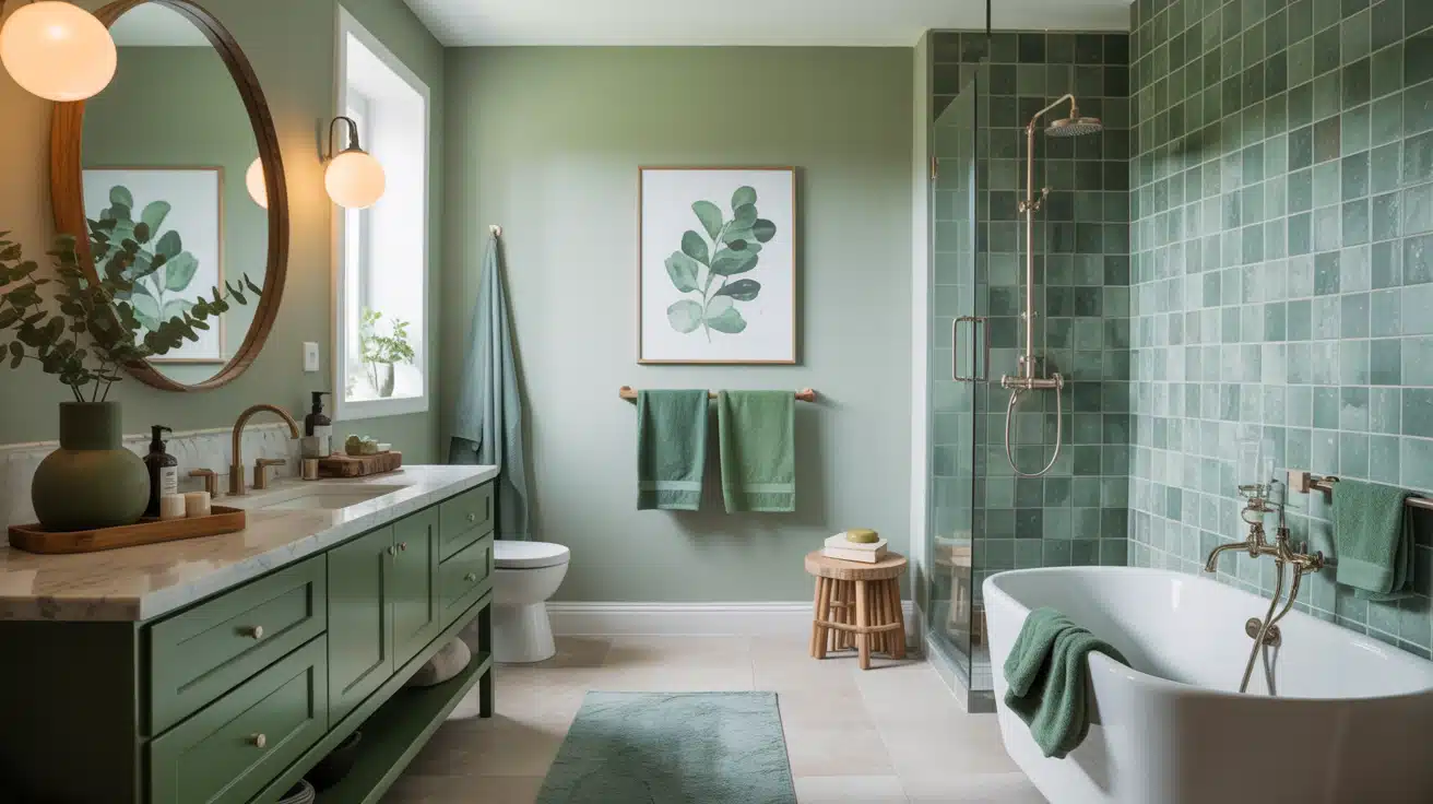 Green monochromatic bathroom with tiled walls, freestanding tub, vanity, and nature-inspired decor