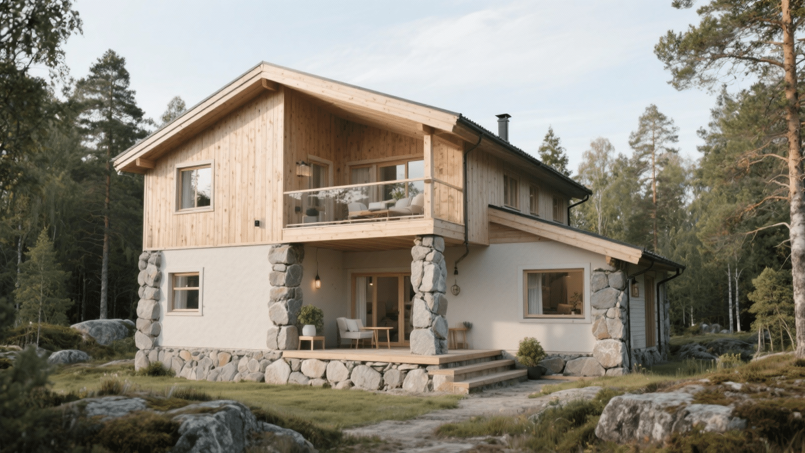 House exterior with wood upper level, stone base, balcony, and large windows, set in a natural forest landscape