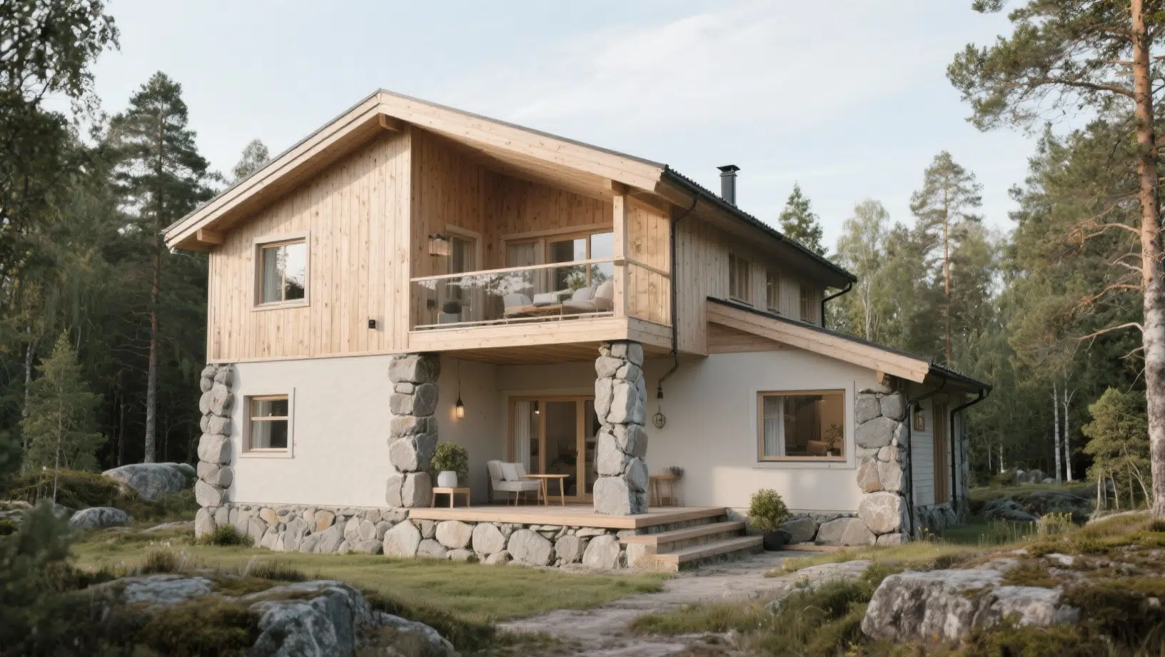 House exterior with wood upper level, stone base, balcony, and large windows, set in a natural forest landscape