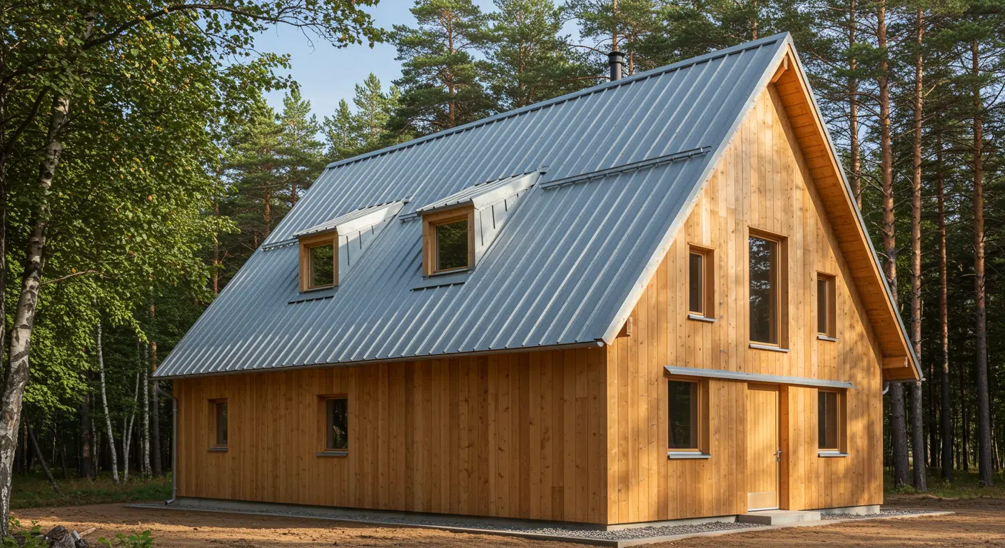 House with natural wood siding, steep metal roof, and simple windows, surrounded by a quiet forest setting