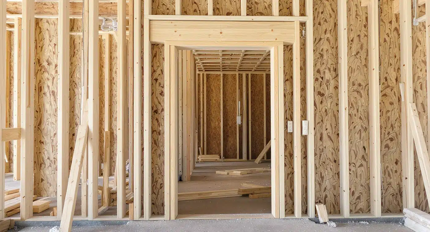 Interior framing of a building under construction featuring exposed wooden studs, OSB sheathing, and a rough door opening