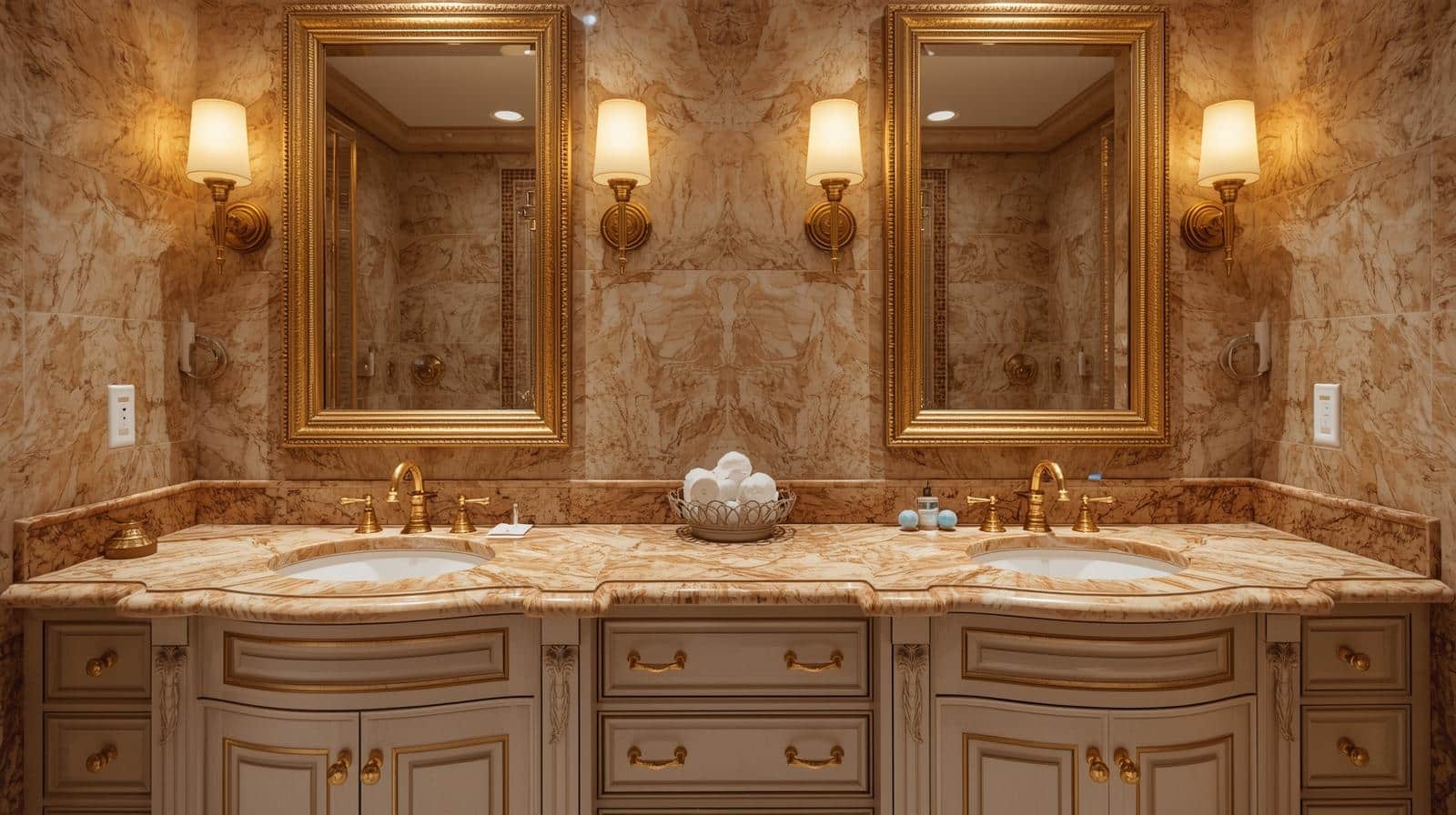 Jack and Jill bathroom showcasing a wide double vanity with marble countertops, gold fixtures, and twin framed mirrors. Warm downlighting highlights the stone’s texture..png