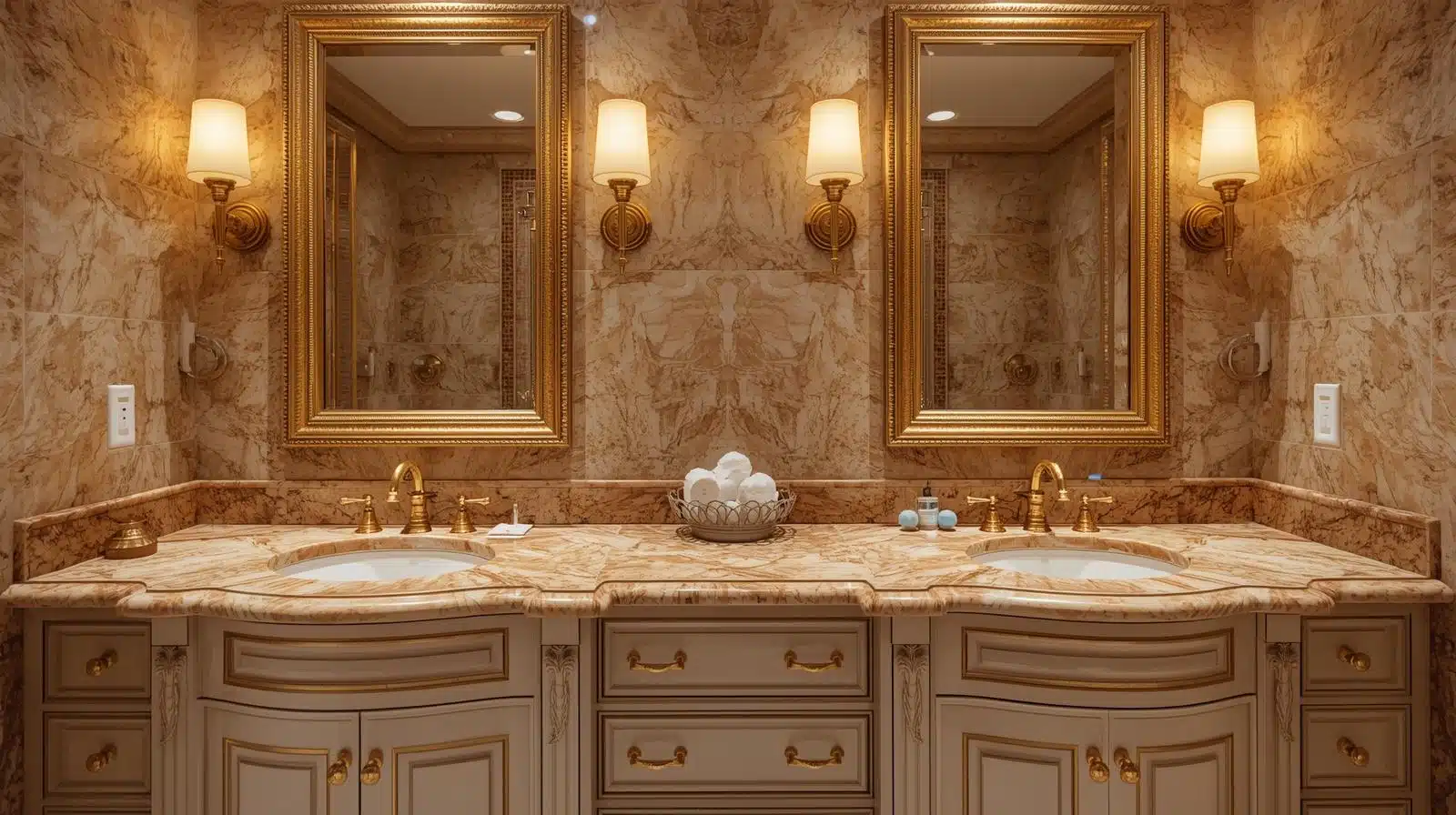 Jack and Jill bathroom showcasing a wide double vanity with marble countertops, gold fixtures, and twin framed mirrors. Warm downlighting highlights the stone’s texture..png