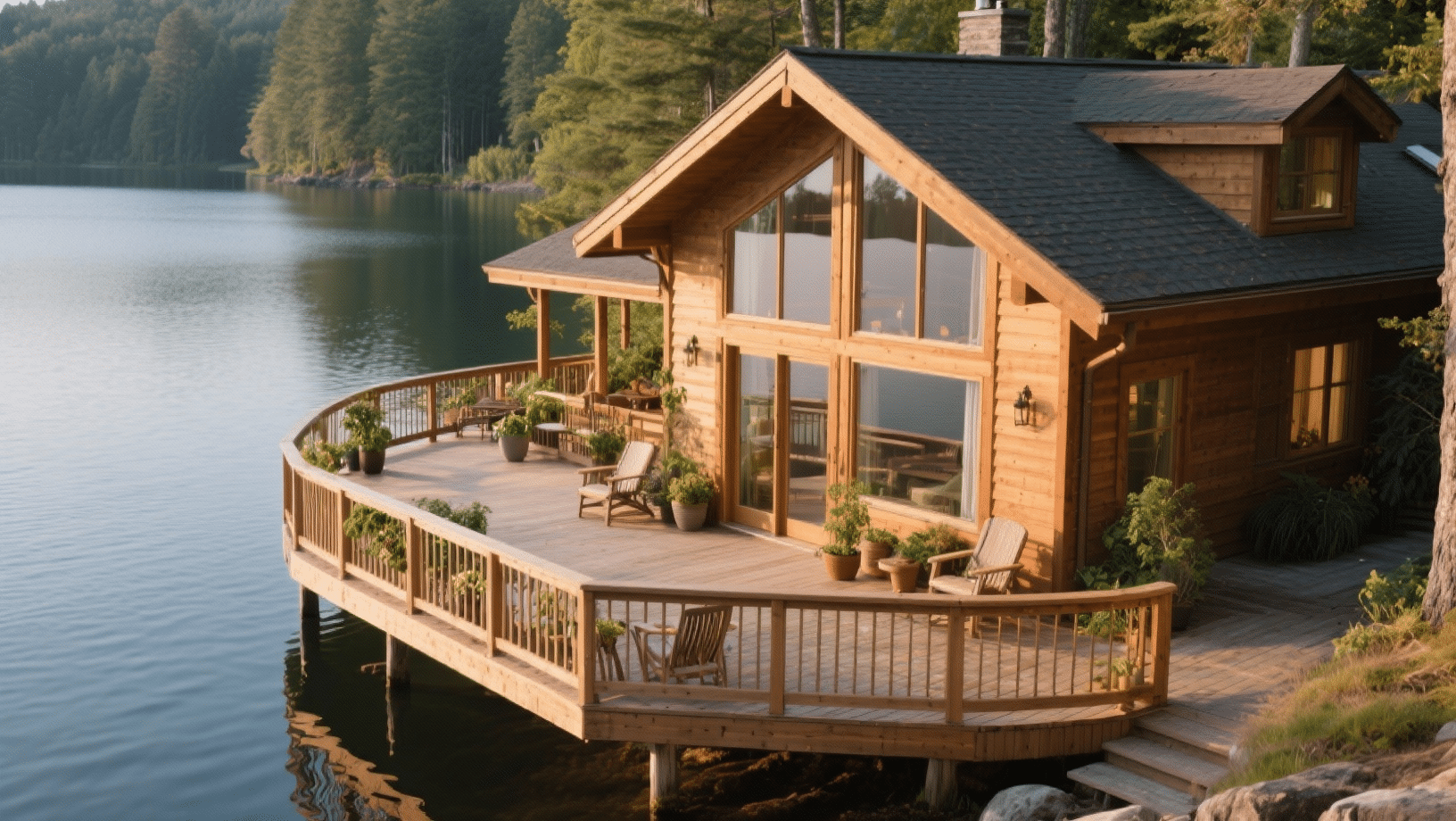 Lakeside house exterior design with natural wood siding, large windows, and a wraparound deck overlooking calm water and forest views