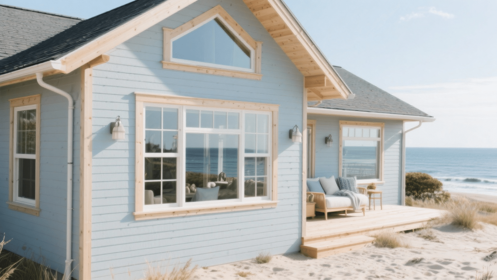 Light blue coastal cottage with large windows, wooden trim, and a small porch seating area, set on sandy dunes overlooking the ocean