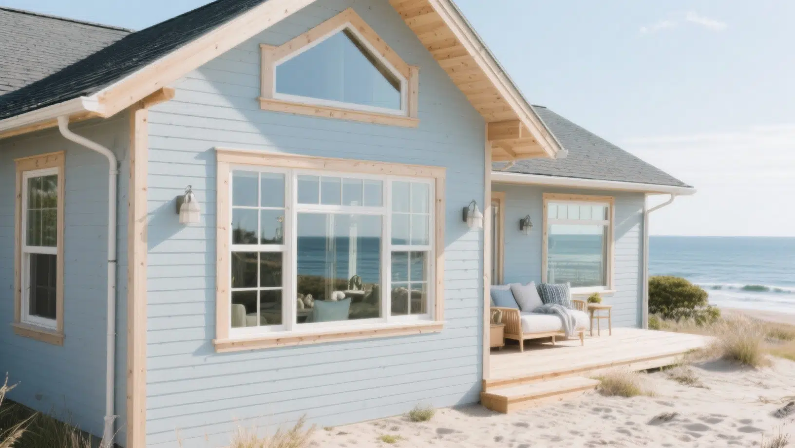 Light blue coastal cottage with large windows, wooden trim, and a small porch seating area, set on sandy dunes overlooking the ocean
