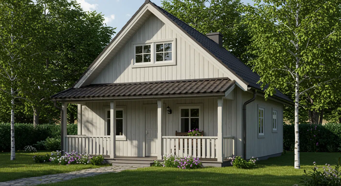 Light-gray cottage with a steep gabled roof, front porch, and flower-lined garden, surrounded by leafy trees in a peaceful yard