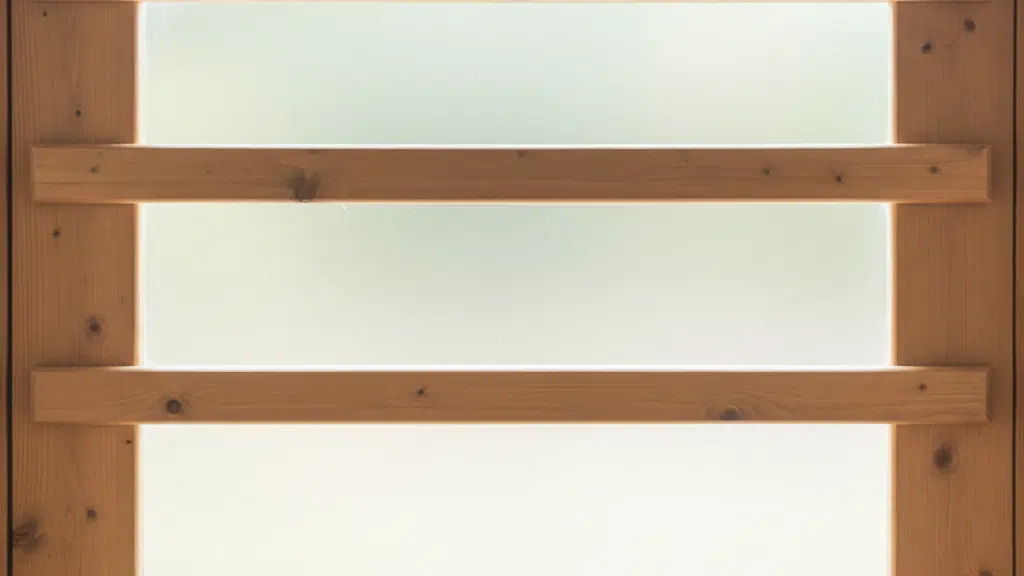 Light wooden door with horizontal slats and a large frosted glass panel, creating a simple, bright, and modern interior design look