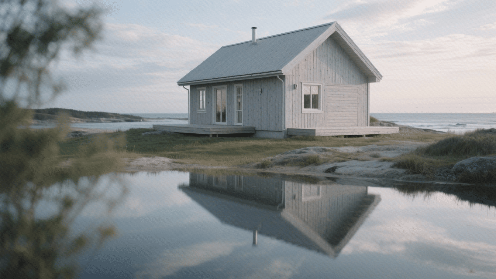 Minimalist Scandinavian house exterior in soft gray wood, set by the coast with calm water reflections and a peaceful seaside landscape
