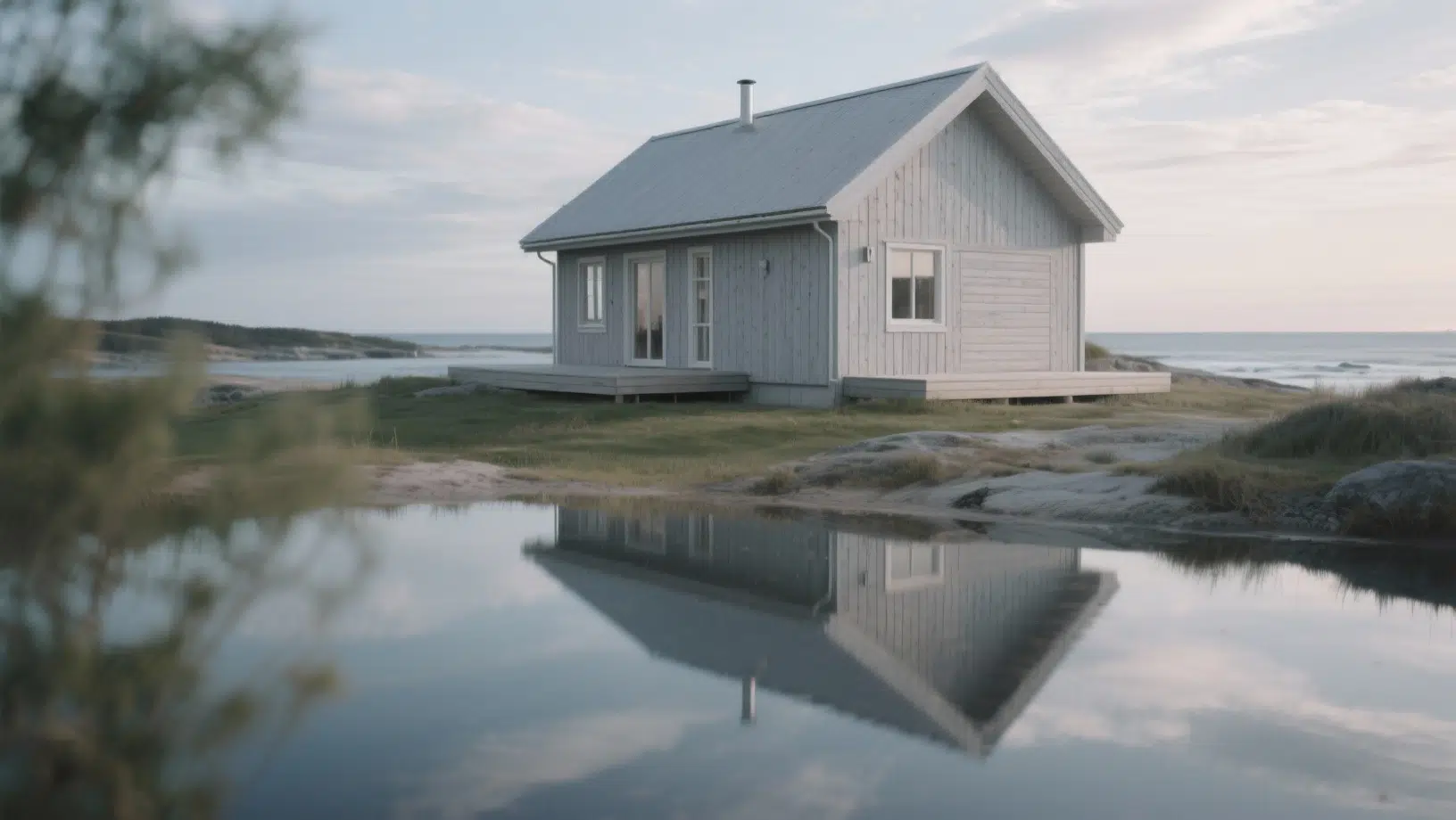 Minimalist Scandinavian house exterior in soft gray wood, set by the coast with calm water reflections and a peaceful seaside landscape