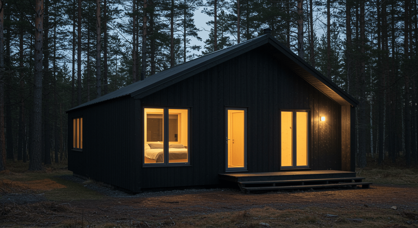 Minimalist Scandinavian house exterior with black wood siding and glowing windows, set in a quiet forest at dusk with warm interior lighting