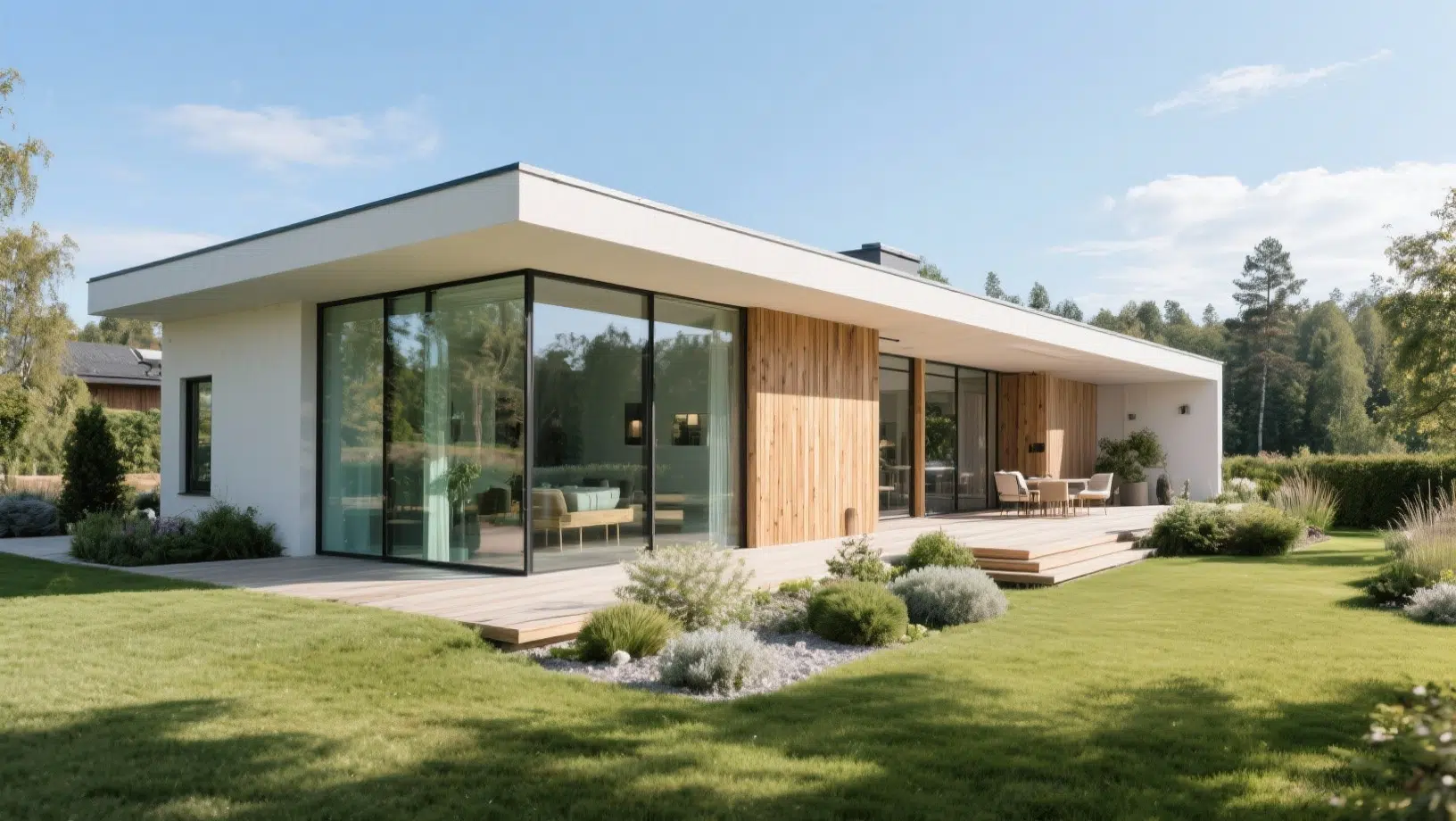 Minimalist Scandinavian house exterior with flat roof, large glass walls, and wood accents, surrounded by a landscaped garden and open green space