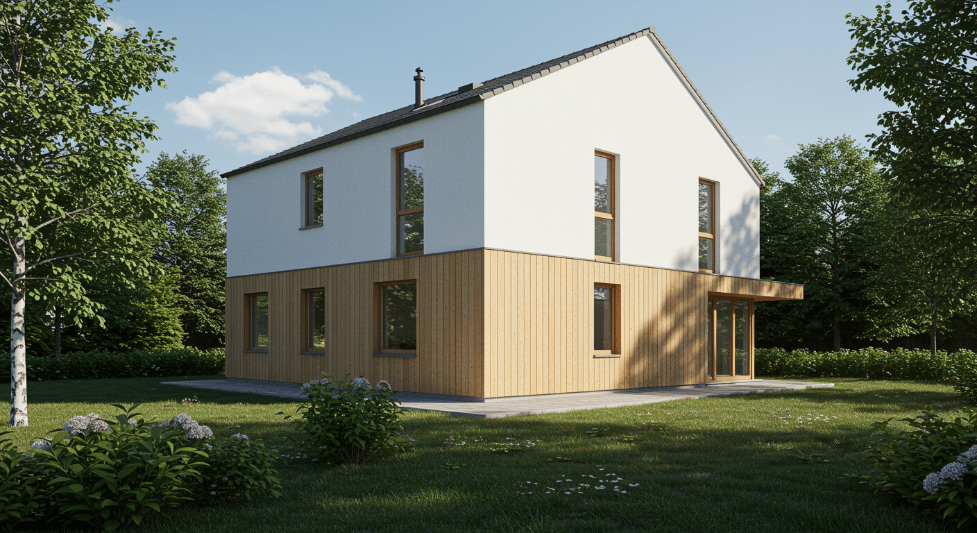 Minimalist Scandinavian house exterior with white upper walls, natural wood siding below, and large windows, set in a lush green garden