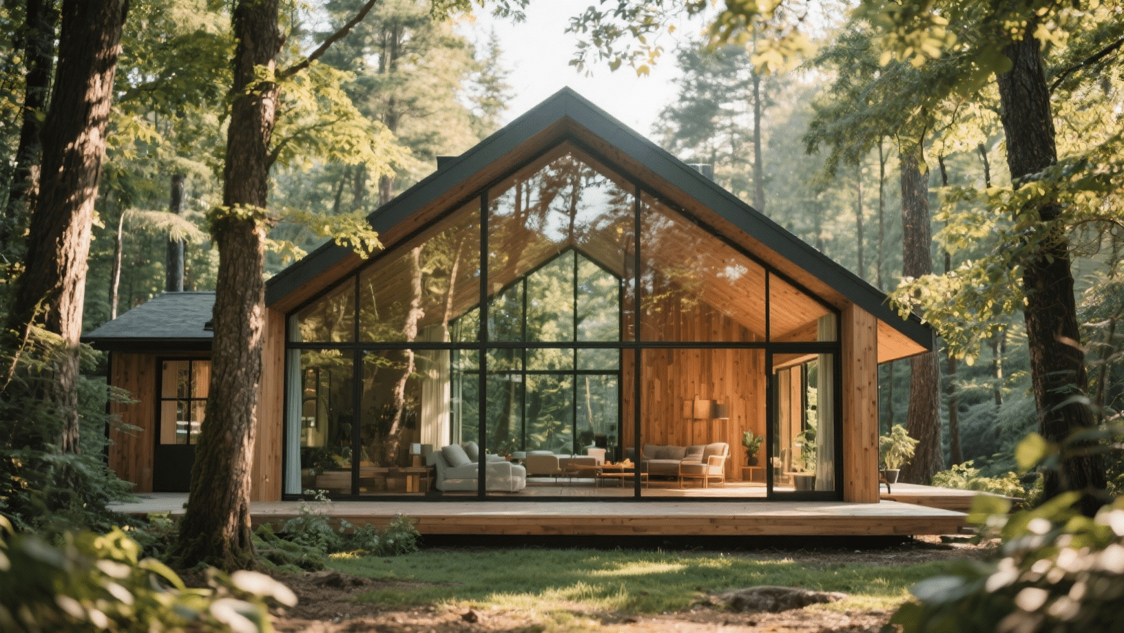 Minimalist Scandinavian house exterior with wood siding, large glass front, and open living space, surrounded by lush forest and natural greenery
