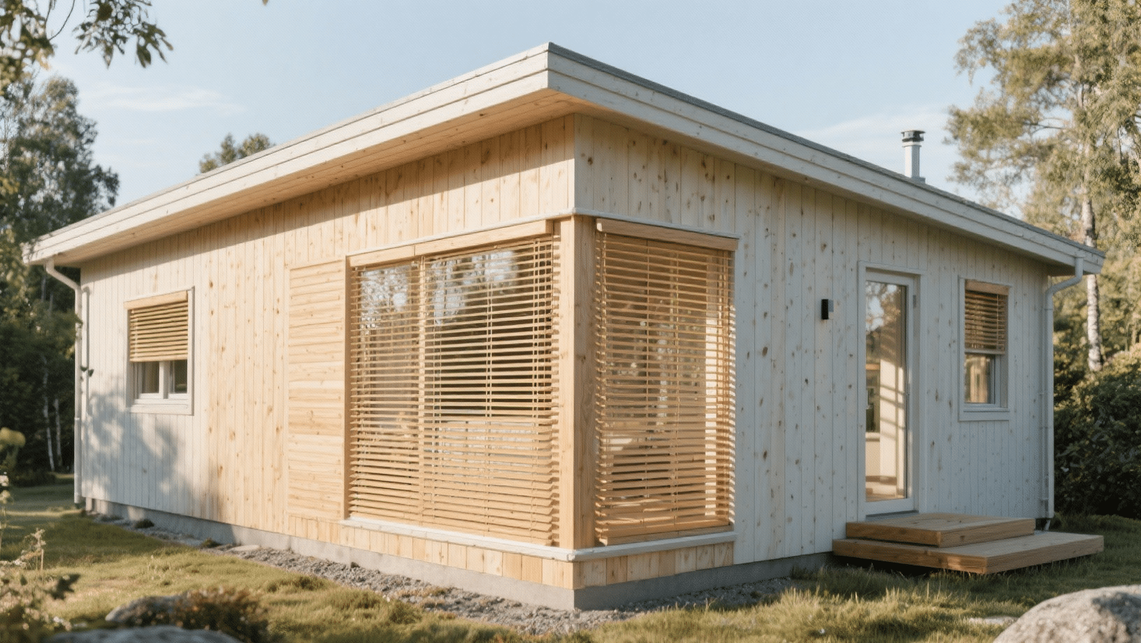 Modern Scandinavian-style wooden home with a flat roof, large corner windows with slatted blinds, and a small entry deck, set in a sunlit natural landscape
