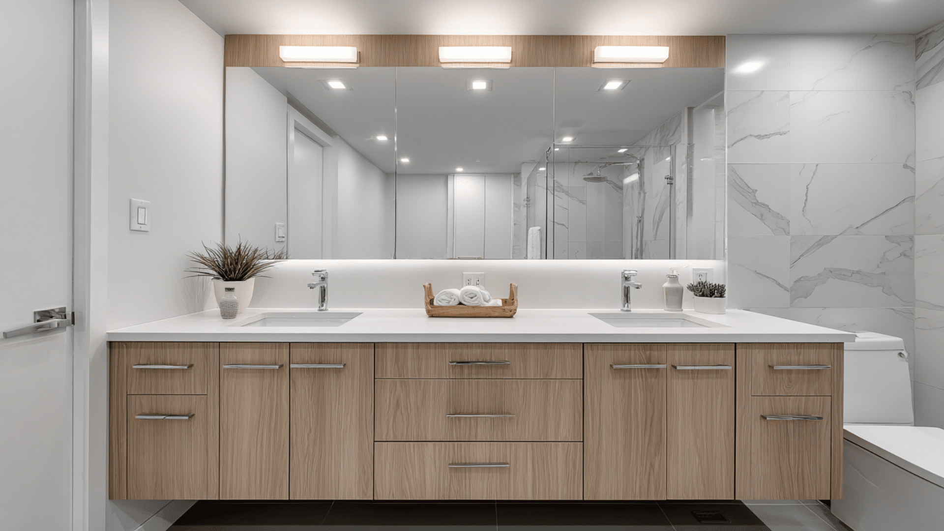 Modern bathroom featuring a double sink vanity and a large mirror above it