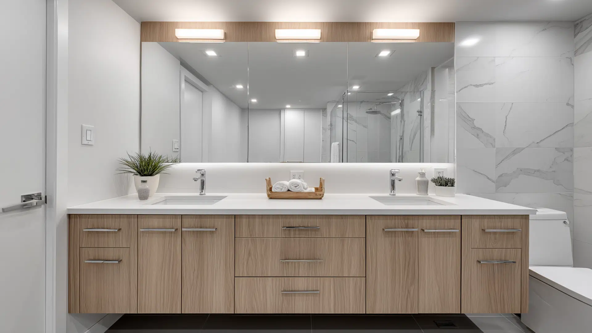 Modern bathroom featuring a double sink vanity and a large mirror above it