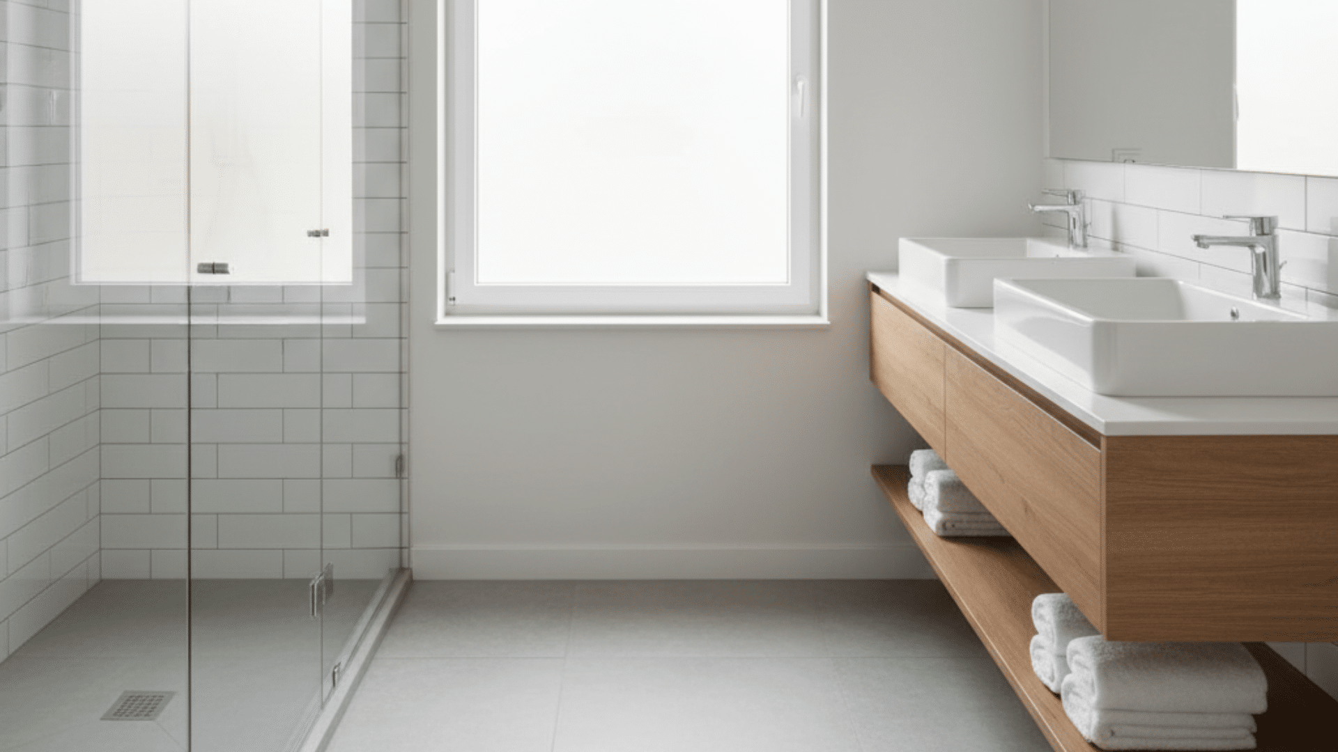 Modern ensuite bathroom featuring a large window and a wooden shelf, showcasing stylish ensuite bathroom ideas