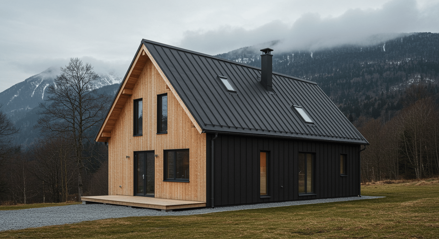 Scandinavian house exterior with black and natural wood siding, sloped metal roof, and mountain backdrop under a cloudy sky