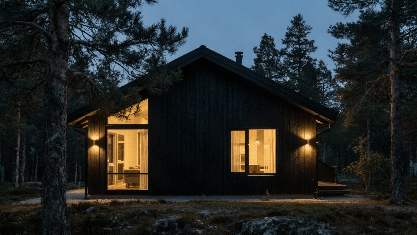 Scandinavian house exterior with black wood siding, warm glowing windows, and soft lighting, nestled in a quiet forest at dusk