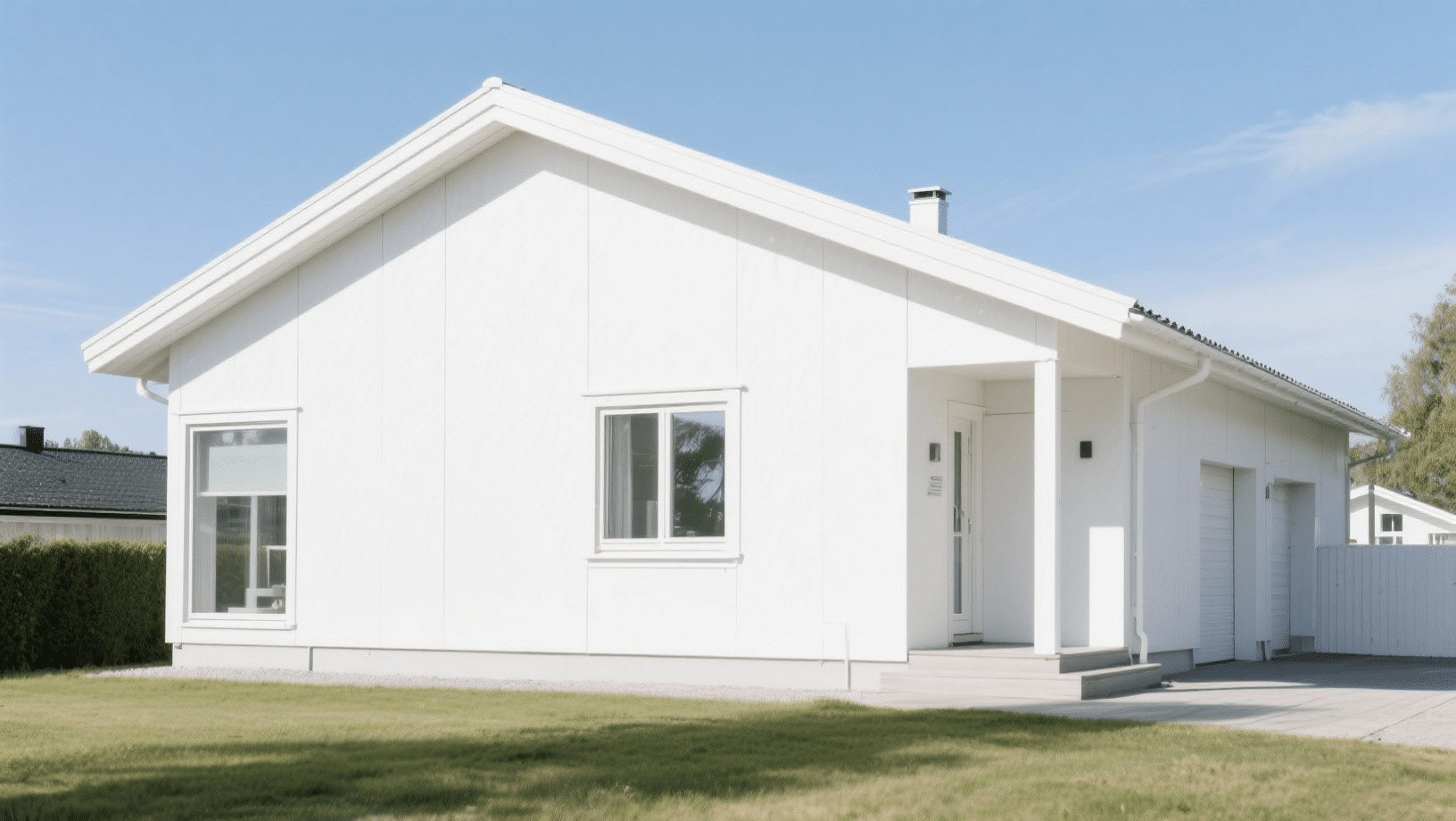 Scandinavian house exterior with white siding, simple gable roof, and clean design, set in a bright suburban setting
