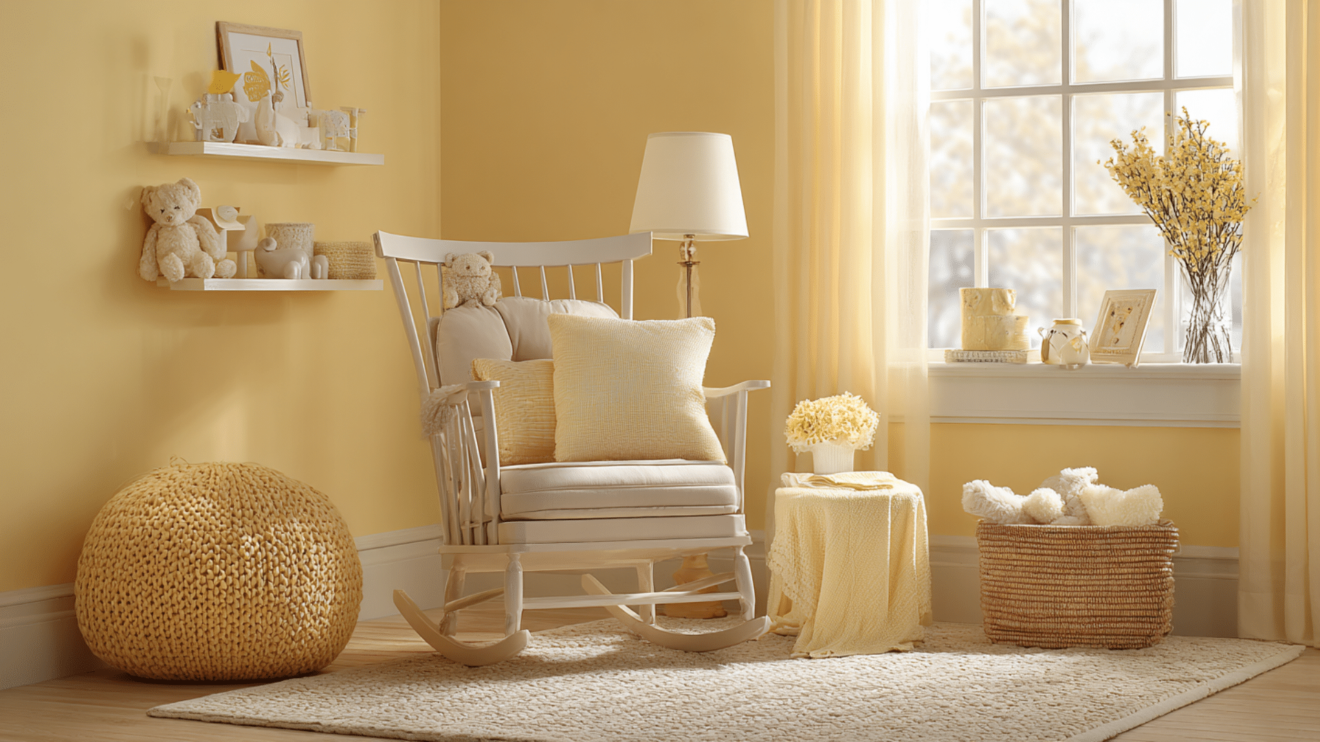 Soft yellow monochromatic nursery with rocking chair, plush toys, cushions, and sunlit window decor
