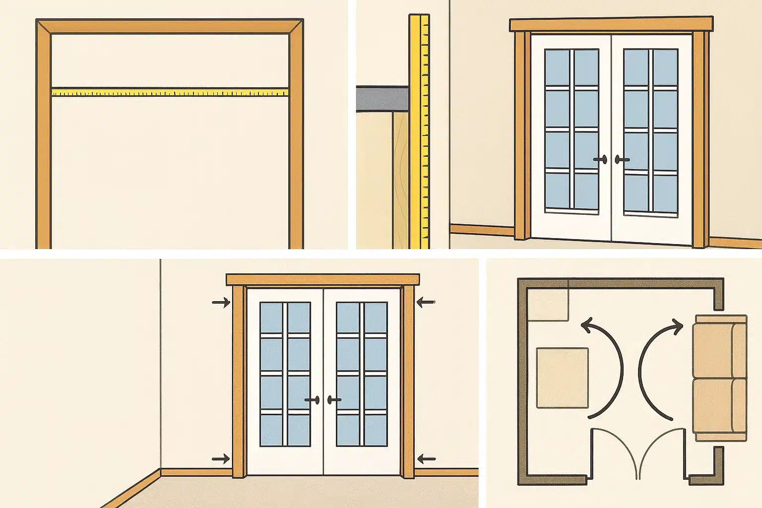 Step-by-step image detailing the process of measuring a door for a French door installation, with measurement tips included