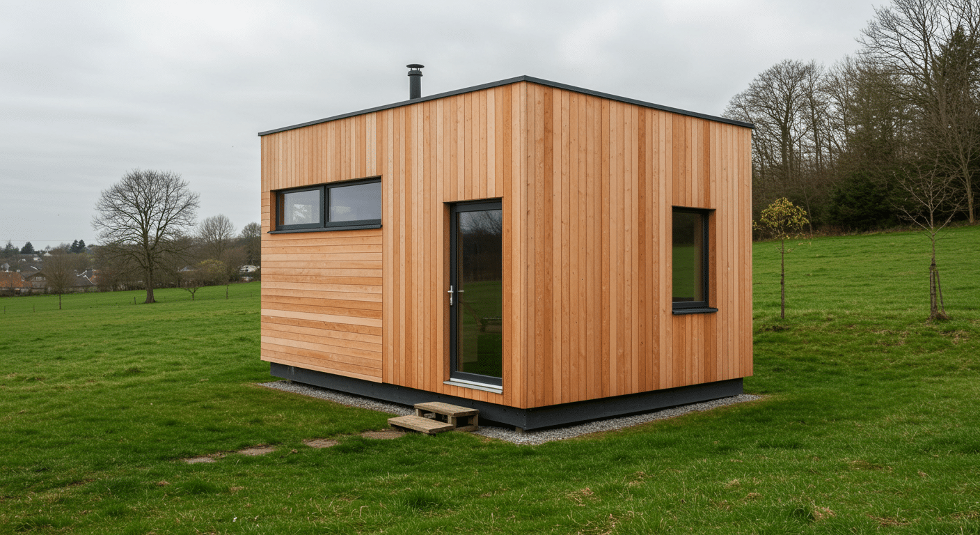 Tiny house exterior with natural wood siding, flat roof, and simple design, set in an open grassy landscape