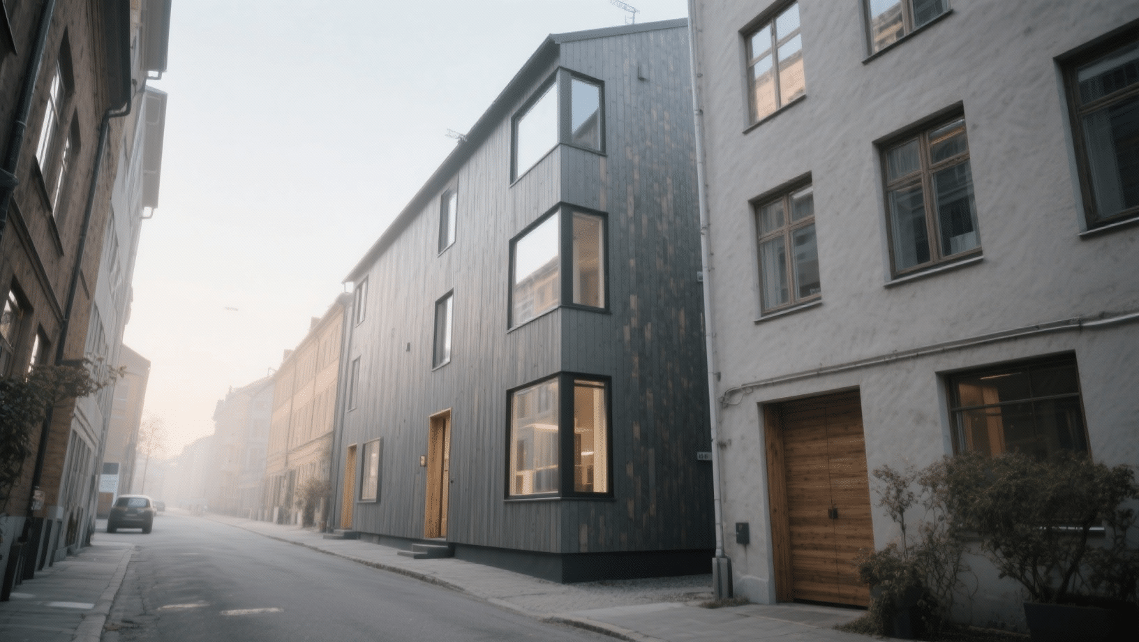 Townhouse exterior with dark wood cladding, large windows, and clean lines, set along a quiet urban street