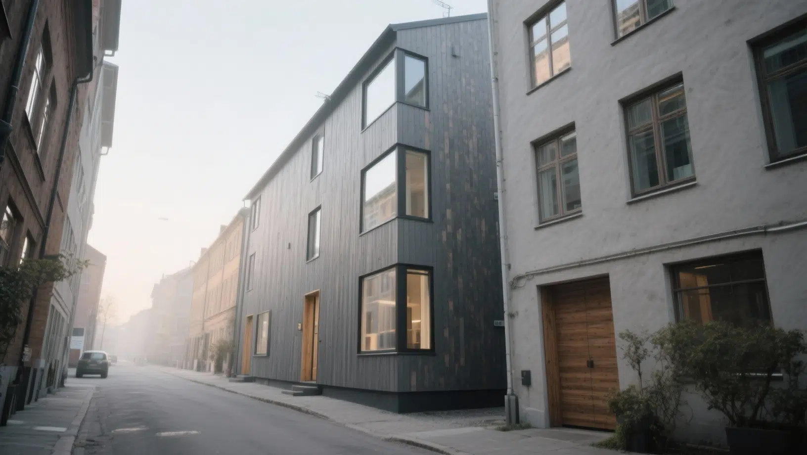 Townhouse exterior with dark wood cladding, large windows, and clean lines, set along a quiet urban street