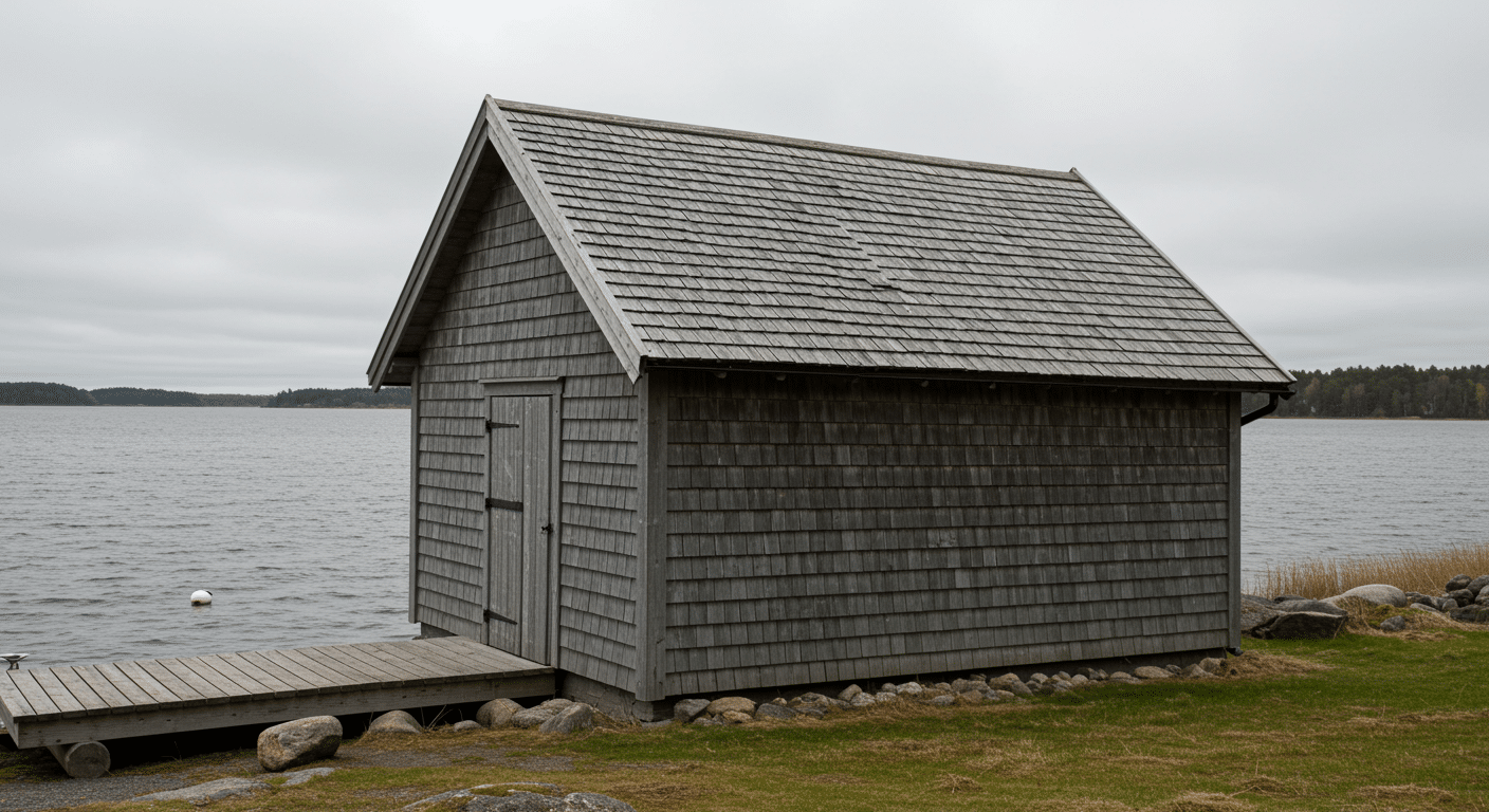 Traditional Scandinavian boathouse with gray wooden shingles and sloped roof, set beside a calm lakeside with a small dock