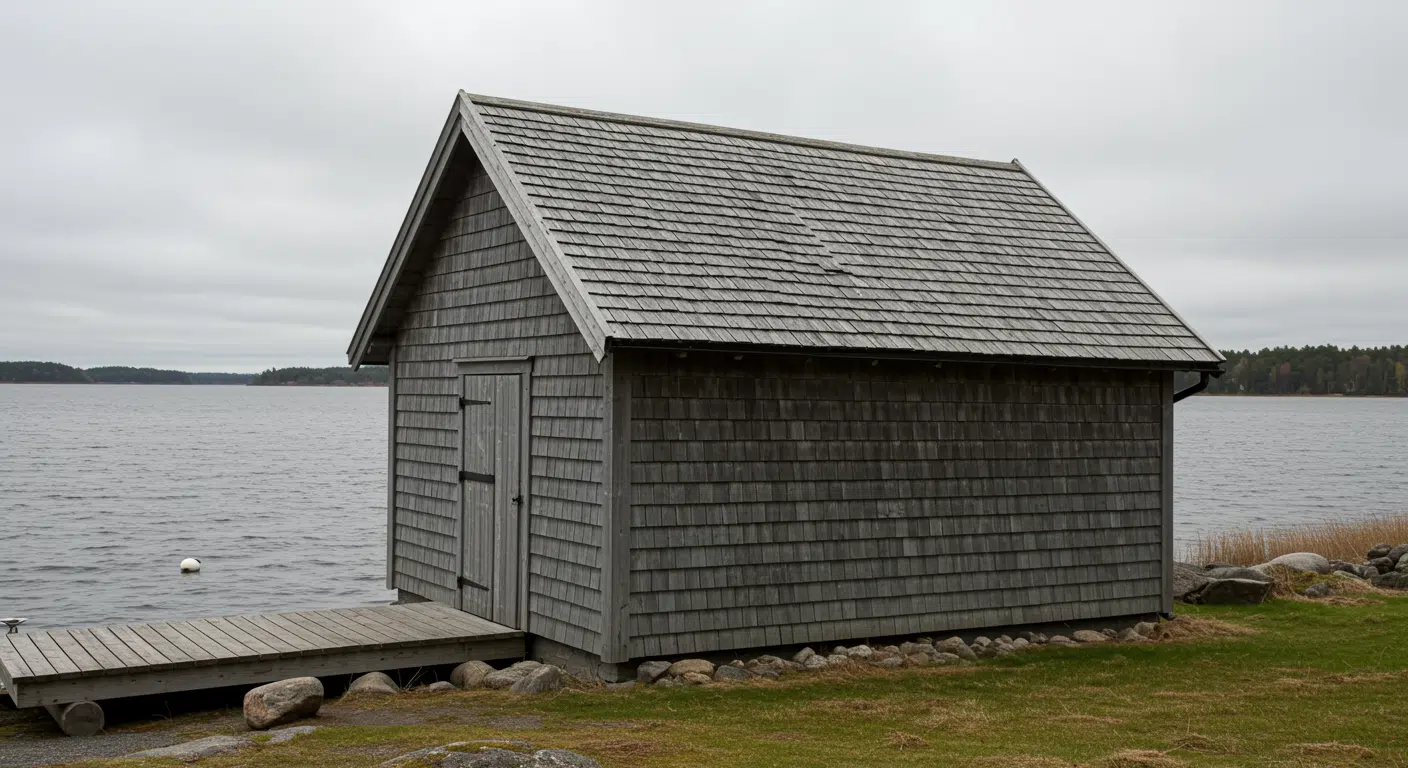 Traditional Scandinavian boathouse with gray wooden shingles and sloped roof, set beside a calm lakeside with a small dock