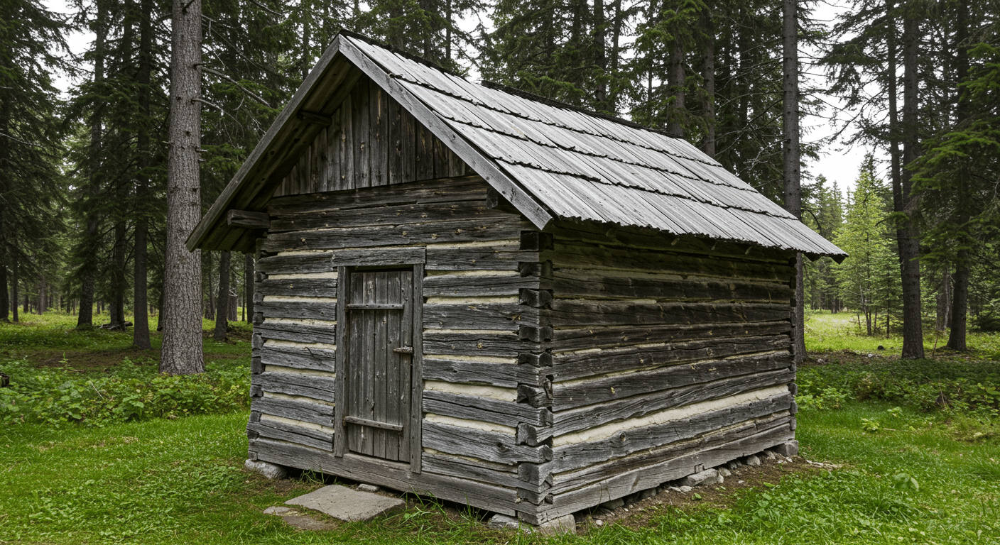 Traditional Scandinavian log cabin with weathered wood walls and a sloped roof, set in a quiet forest surrounded by tall trees