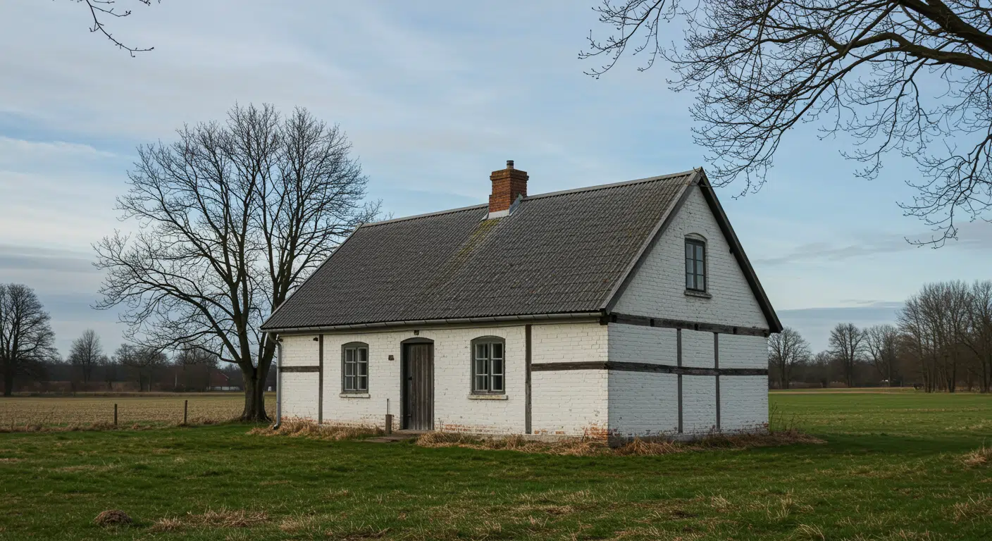 Traditional Scandinavian-style countryside house with white brick walls, dark timber framing, and a sloped roof, set in an open rural landscape