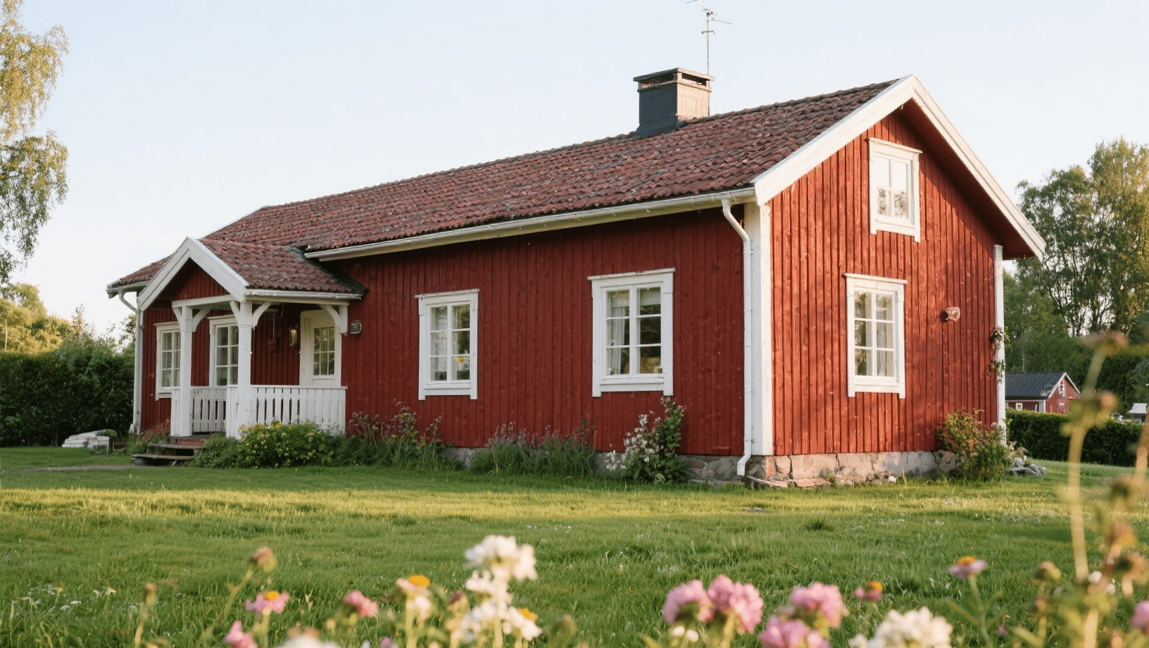 Traditional red Swedish countryside house with white trim, tiled roof, and small porch, set in a green lawn with flowers