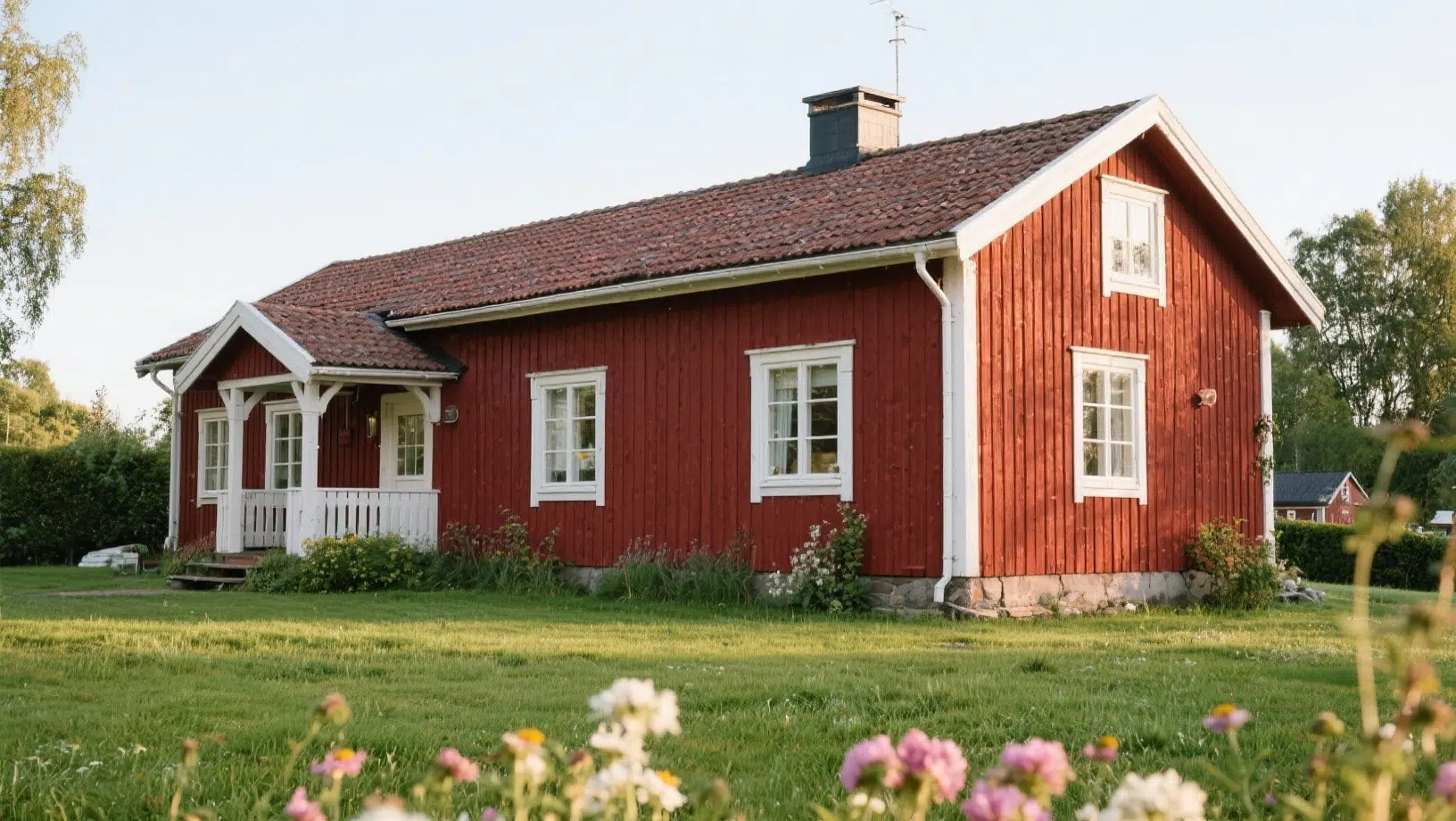 Traditional red Swedish countryside house with white trim, tiled roof, and small porch, set in a green lawn with flowers