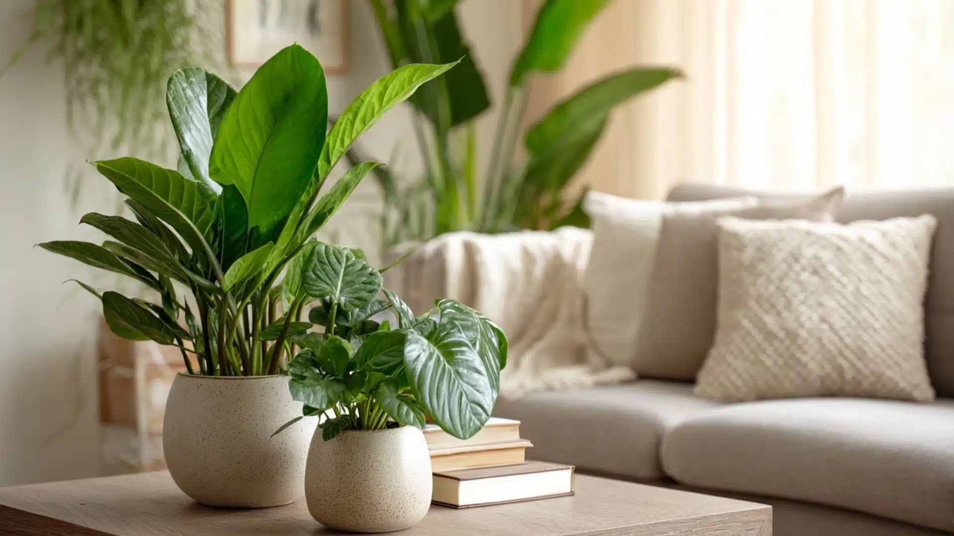Two potted green houseplants sit on a wooden coffee table near a beige sofa with textured throw pillows in a bright living room