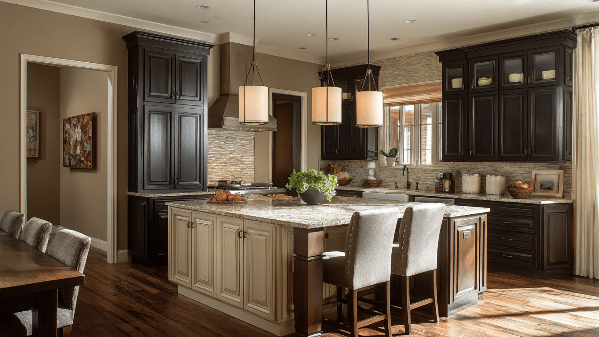 Warm brown monochromatic kitchen with dark cabinets, island seating, pendant lights, and wood flooring