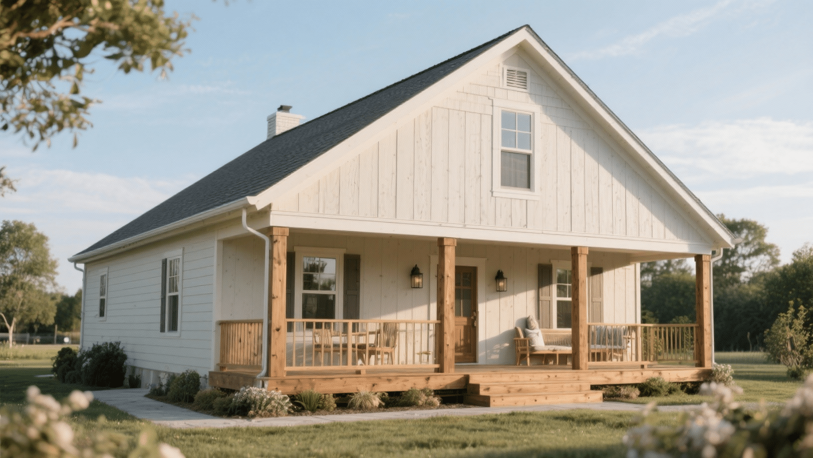 White farmhouse-style home with a gabled roof, wooden porch, and simple outdoor seating, set on a grassy property under soft daylight